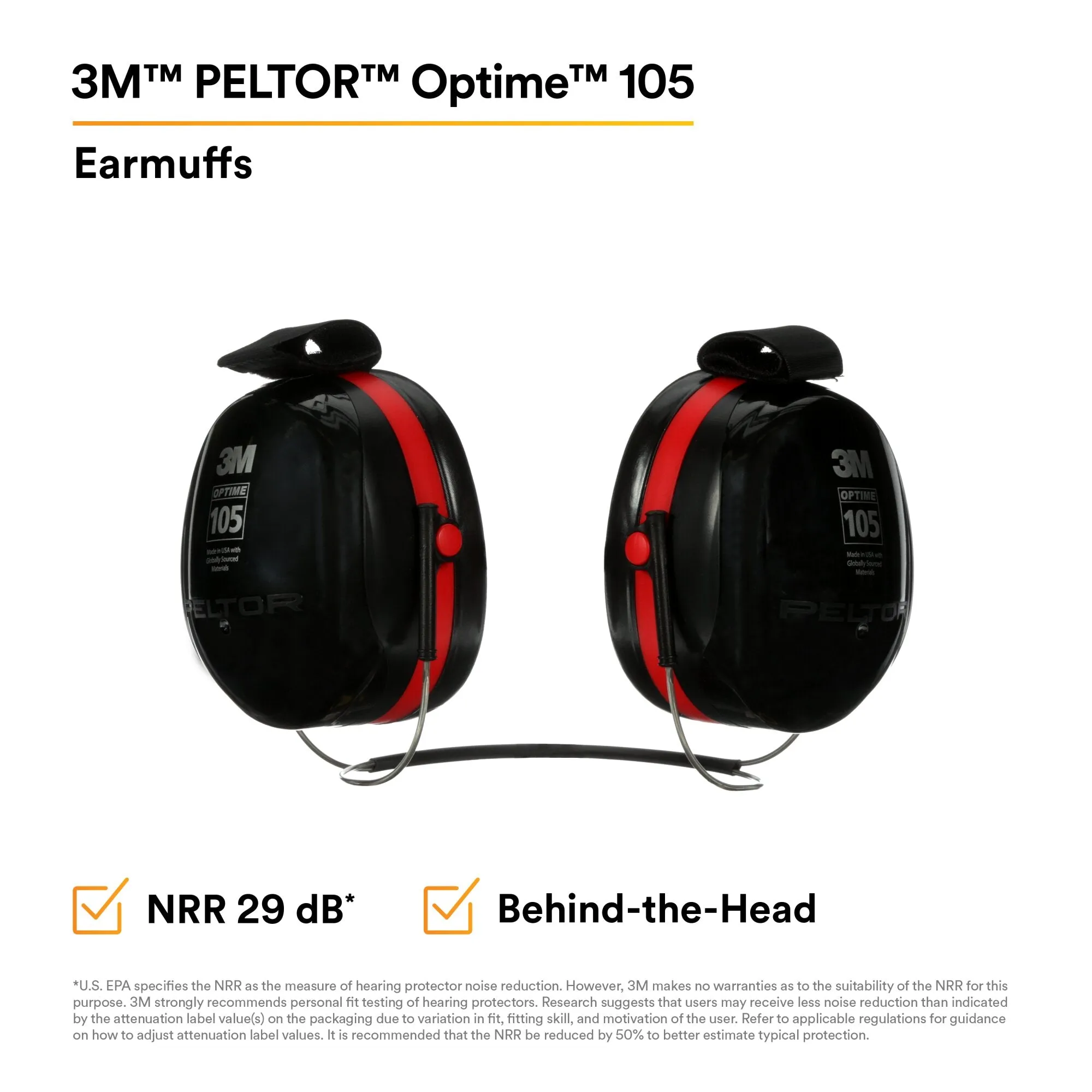 3M PELTOR Optime 105 Earmuffs H10B, Behind-the-Head