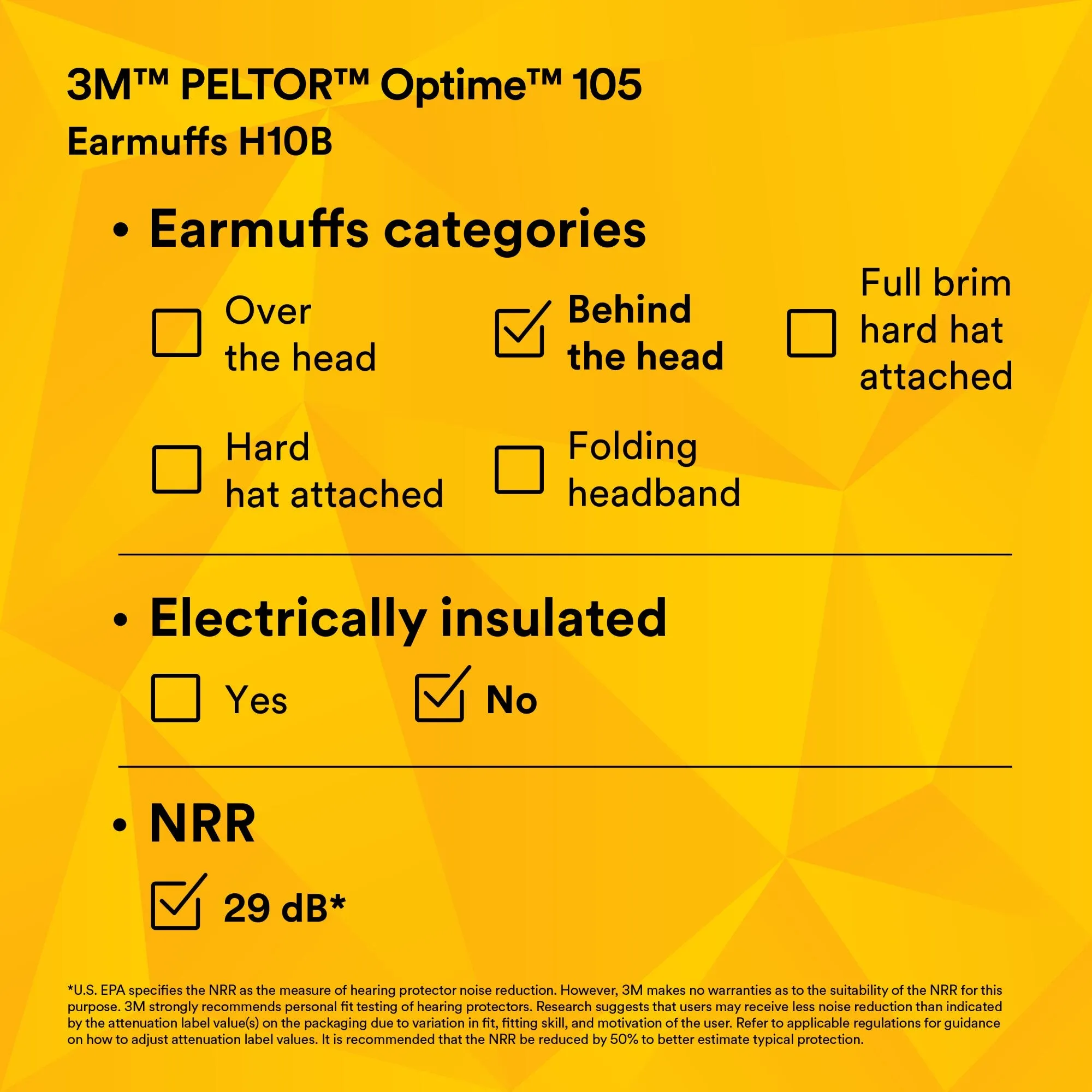 3M PELTOR Optime 105 Earmuffs H10B, Behind-the-Head