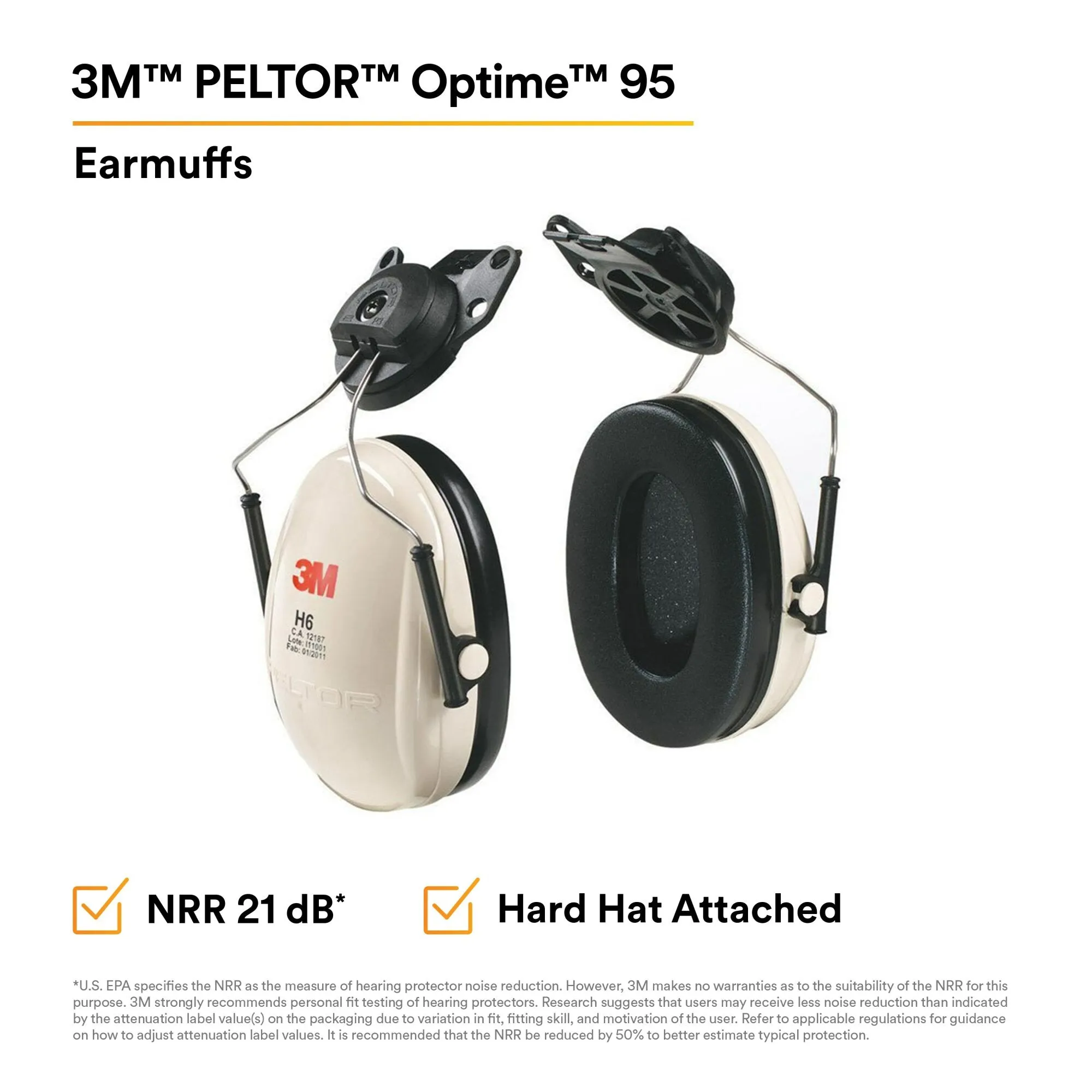 3M Peltor Optime 95 Cap-Mount Earmuffs, Hearing Conservation H6P3E/V10 EA/Case