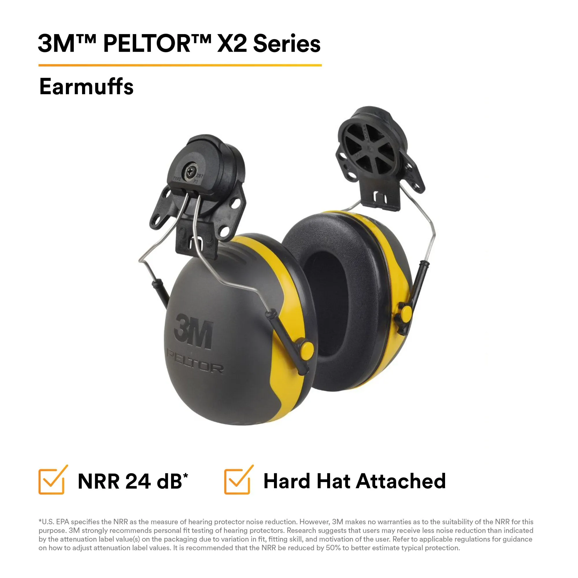 3M PELTOR X2 Earmuffs X2P3E/37276(AAD), Hard Hat Attached