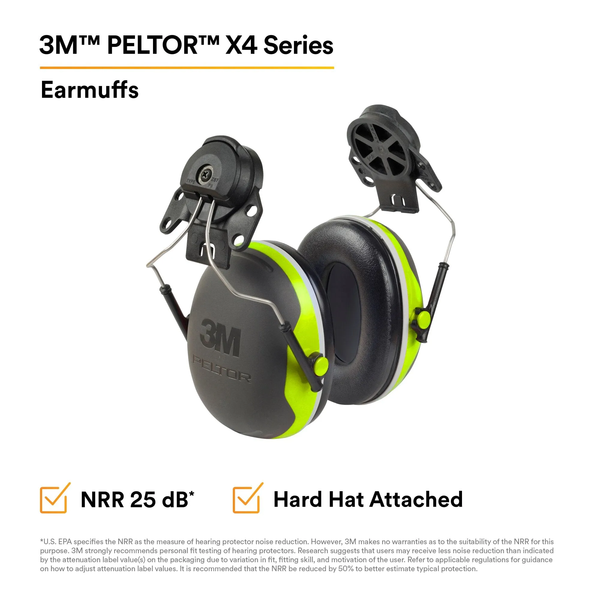 3M PELTOR X4 Earmuffs X4P3E/37278(AAD), Hard Hat Attached