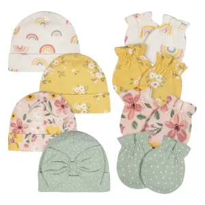 8-Piece Baby Girls Golden Floral No Scratch Mittens & Caps Set