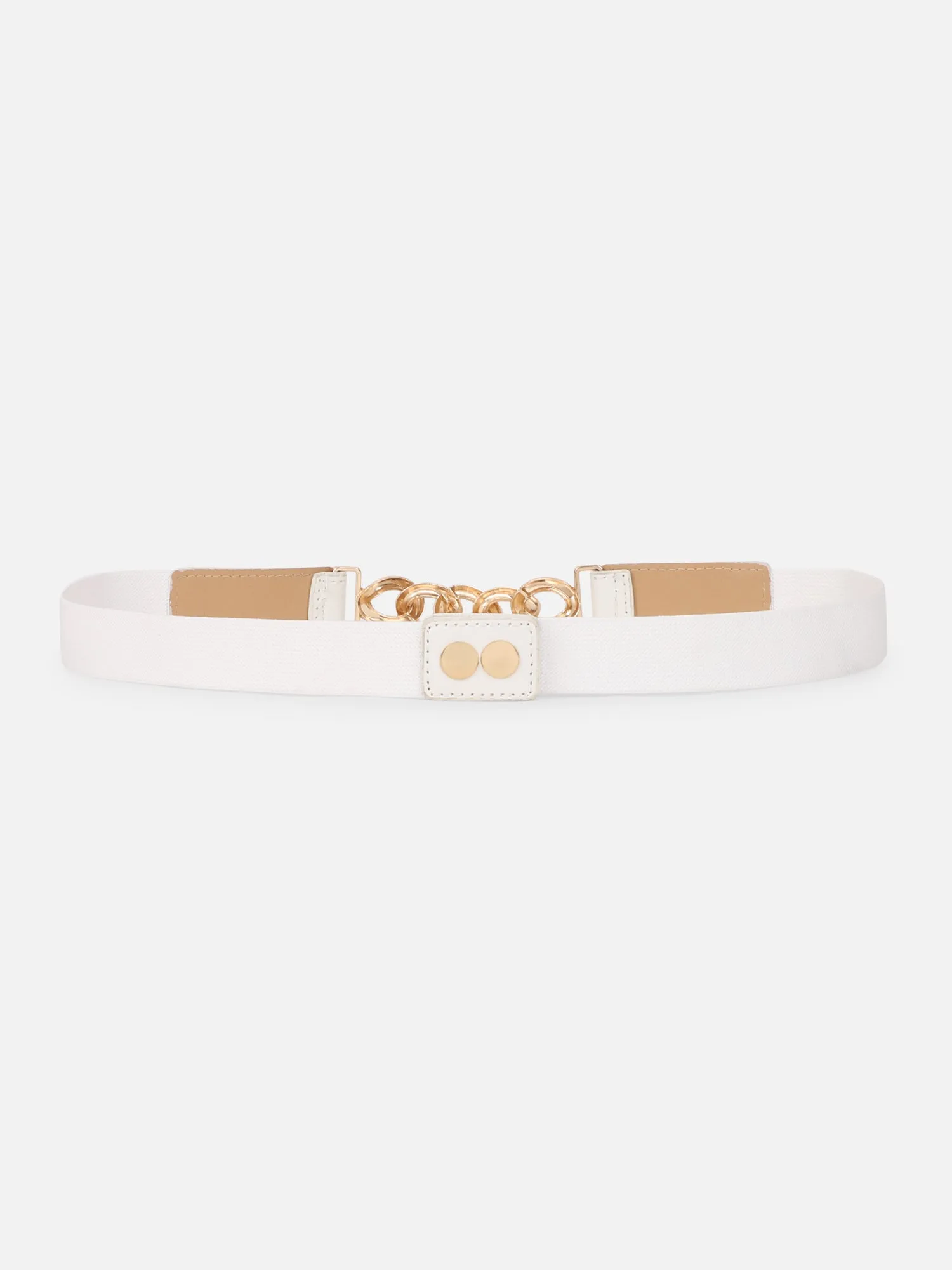 Berrylush Women Solid White Golden Chain Embellished PU Nylon Snap-Button Regular Slim Belt