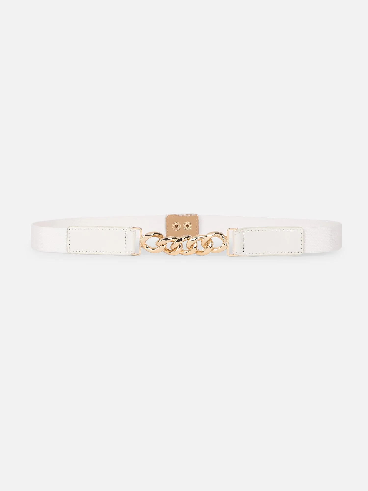 Berrylush Women Solid White Golden Chain Embellished PU Nylon Snap-Button Regular Slim Belt