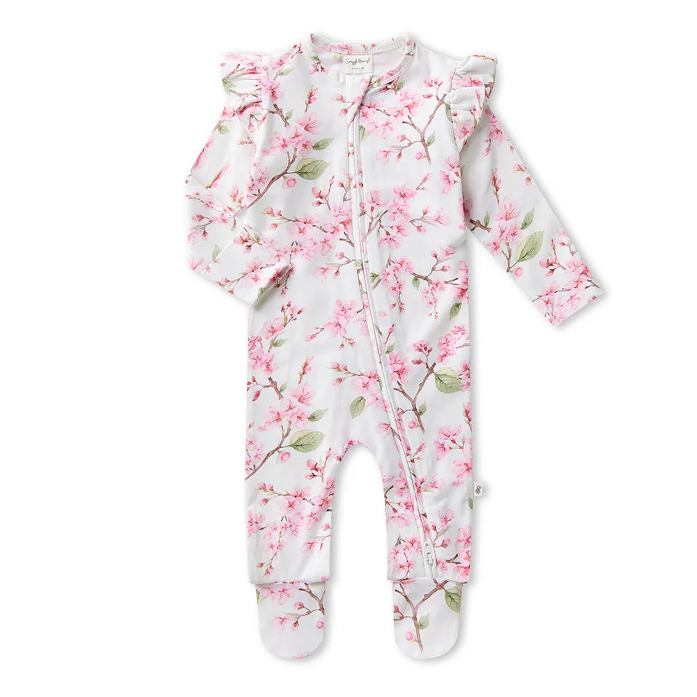 Cherry Blossom Organic Snuggle Sleepsuit Zip Footie with Frill