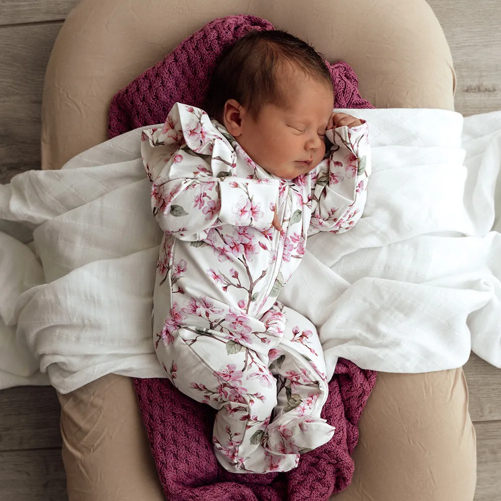 Cherry Blossom Organic Snuggle Sleepsuit Zip Footie with Frill