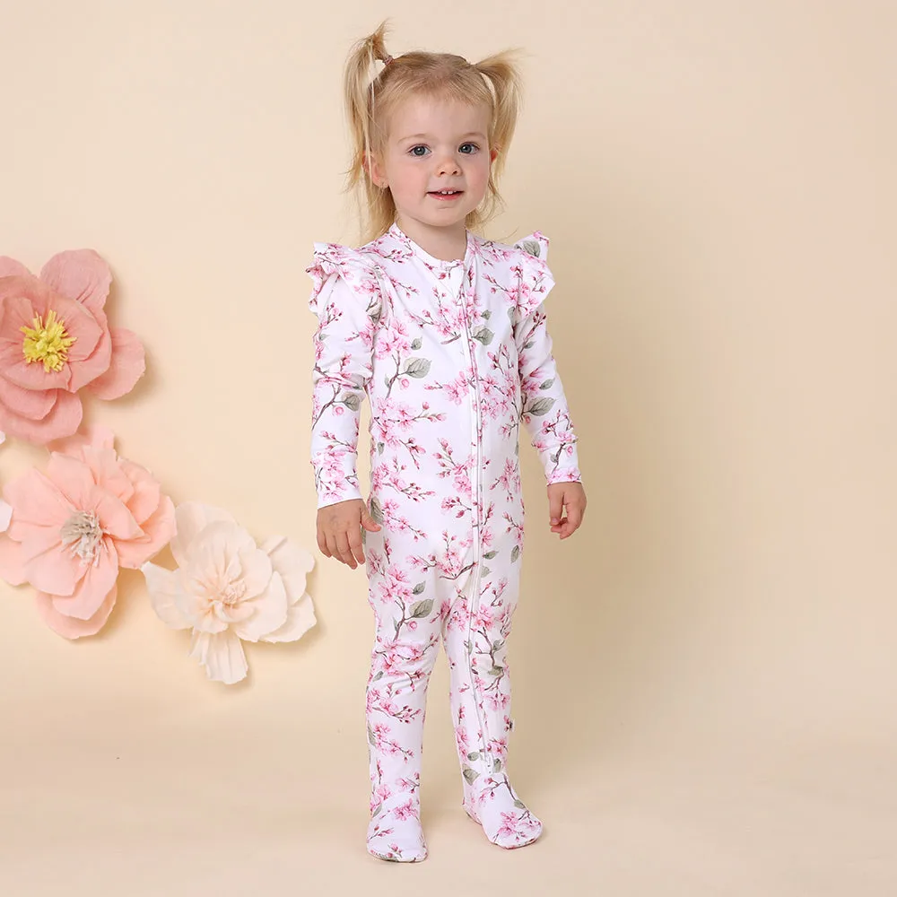 Cherry Blossom Organic Snuggle Sleepsuit Zip Footie with Frill