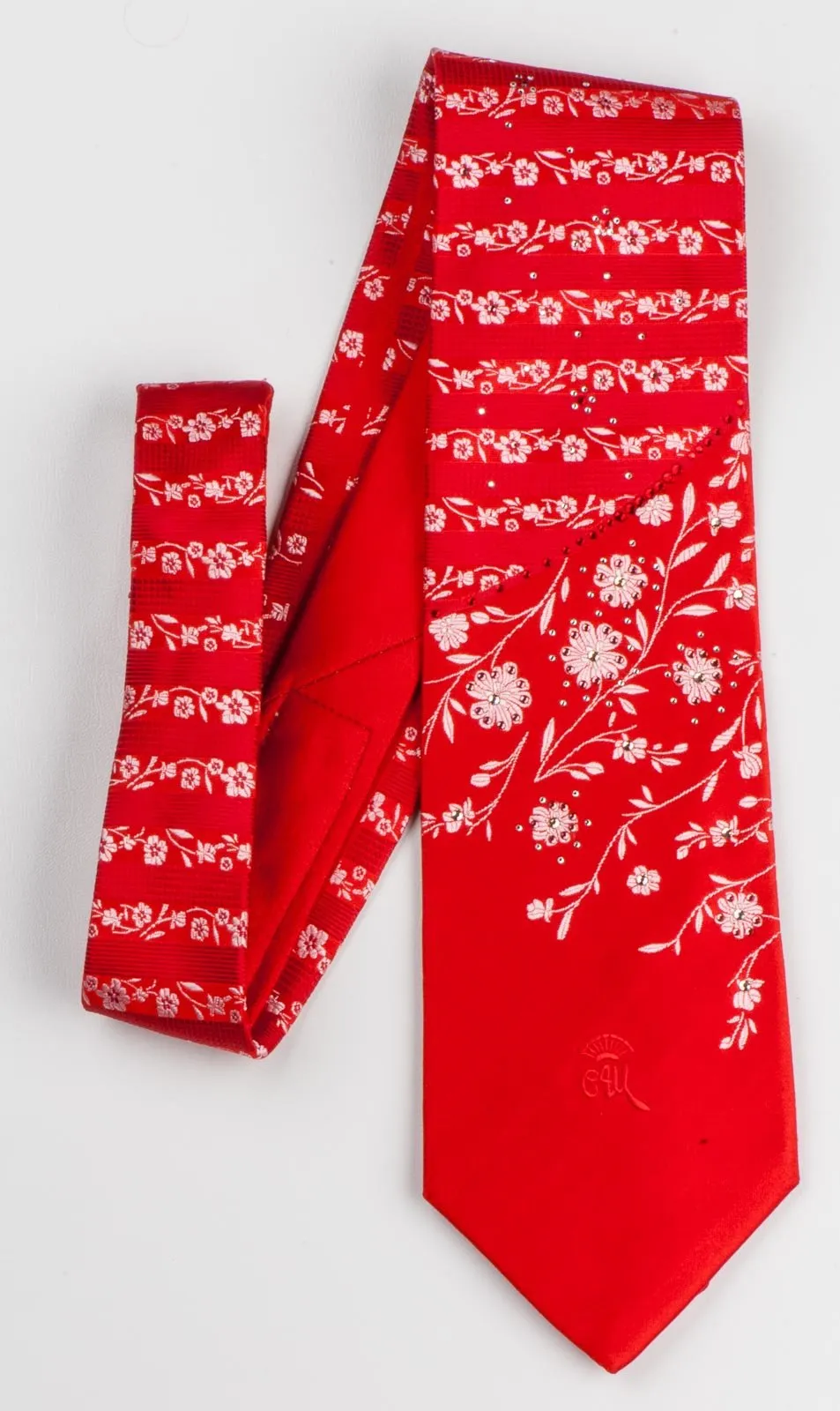 Countess Mara Rhinestone Silk Neck Tie Floral Design On Red Classic 3 1/2 Inch