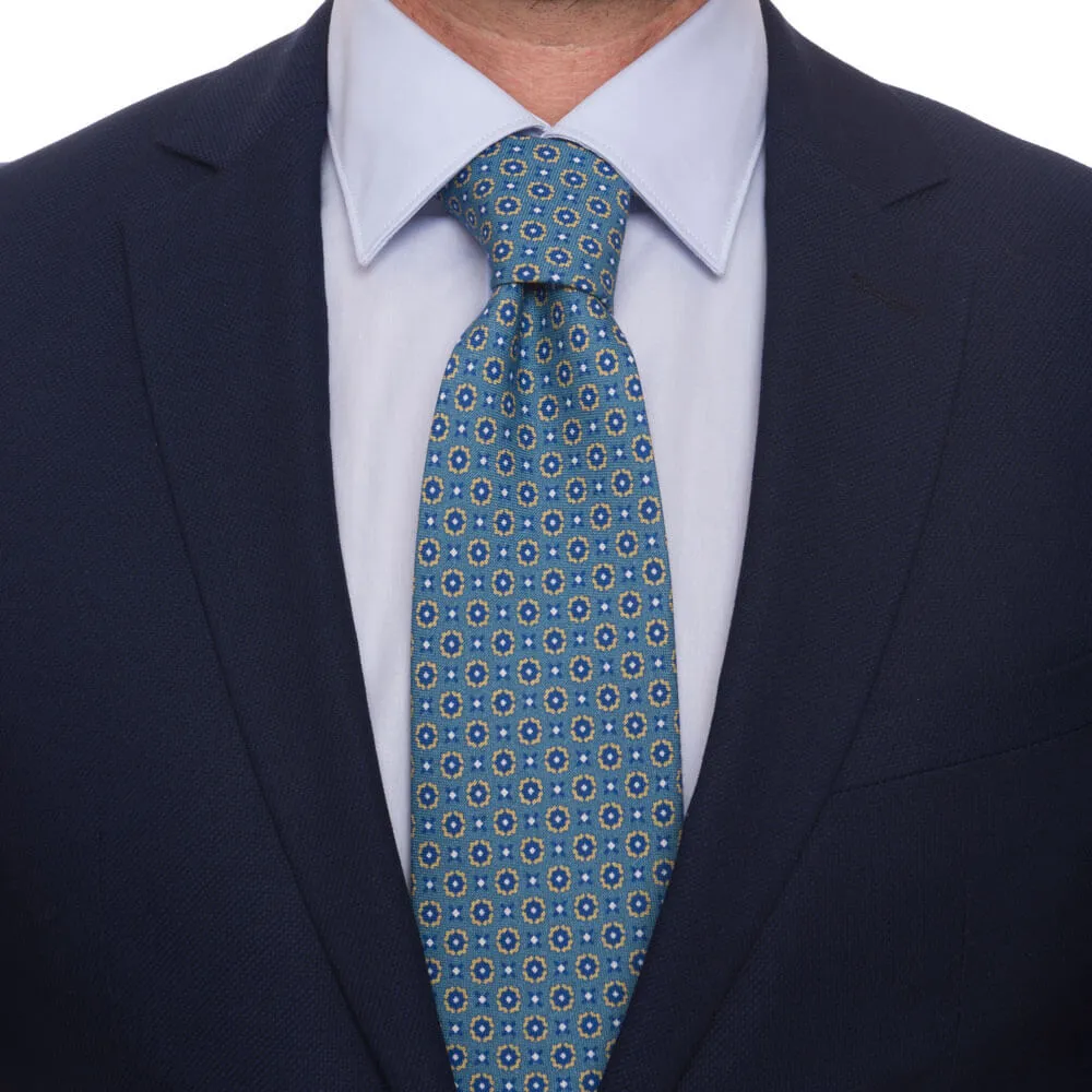 Denim Blue Ornamental Motif Silk Cotton Tie