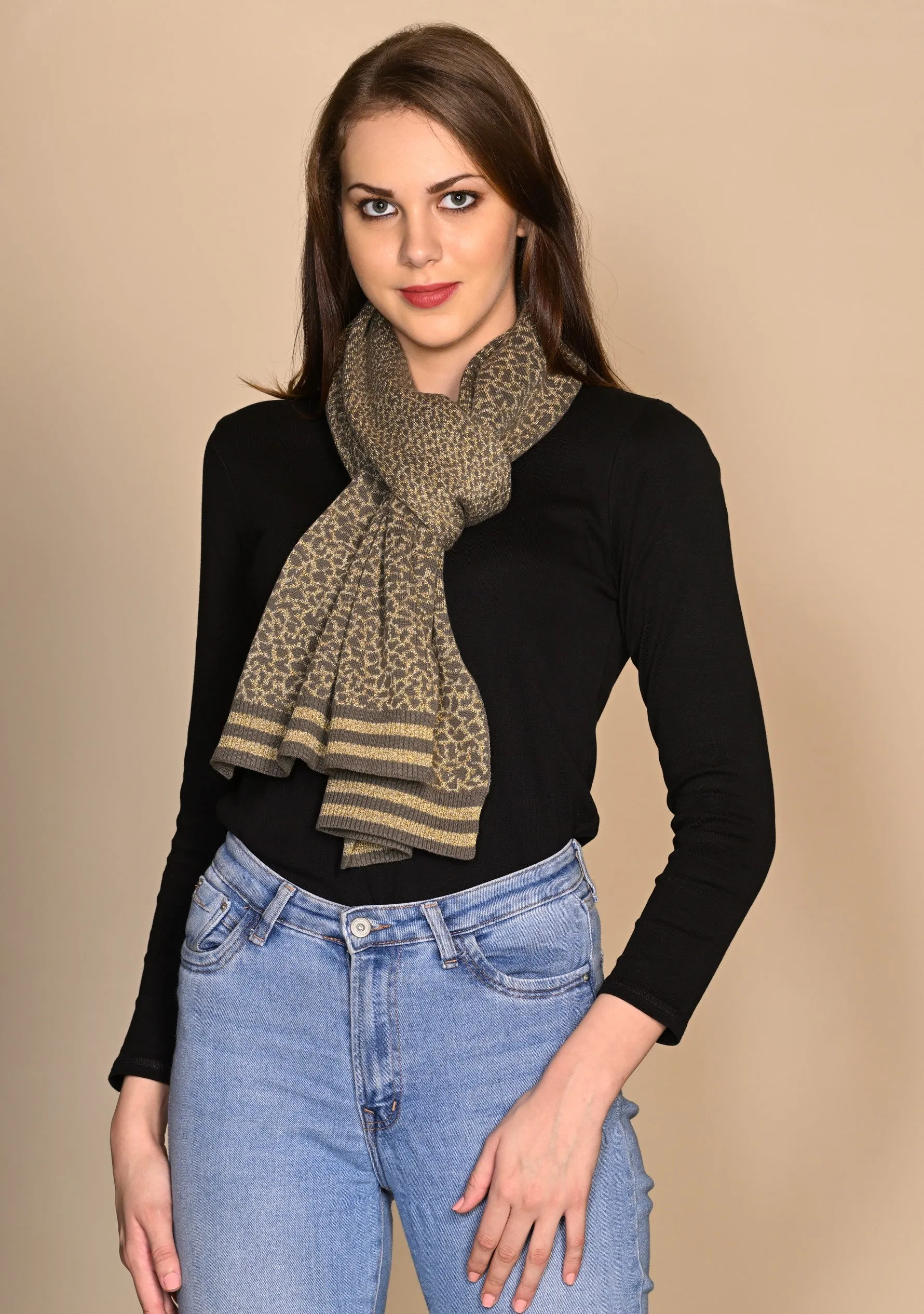 Dk. Olive and Gold Frappe Cotton and Viscose Leopard Jacquard Knitted Scarf with Dk. Olive and Frappe Lurex Stripe