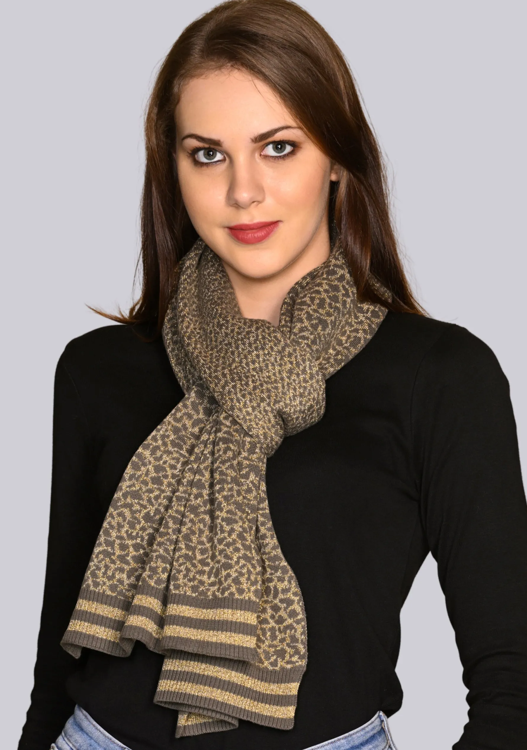 Dk. Olive and Gold Frappe Cotton and Viscose Leopard Jacquard Knitted Scarf with Dk. Olive and Frappe Lurex Stripe