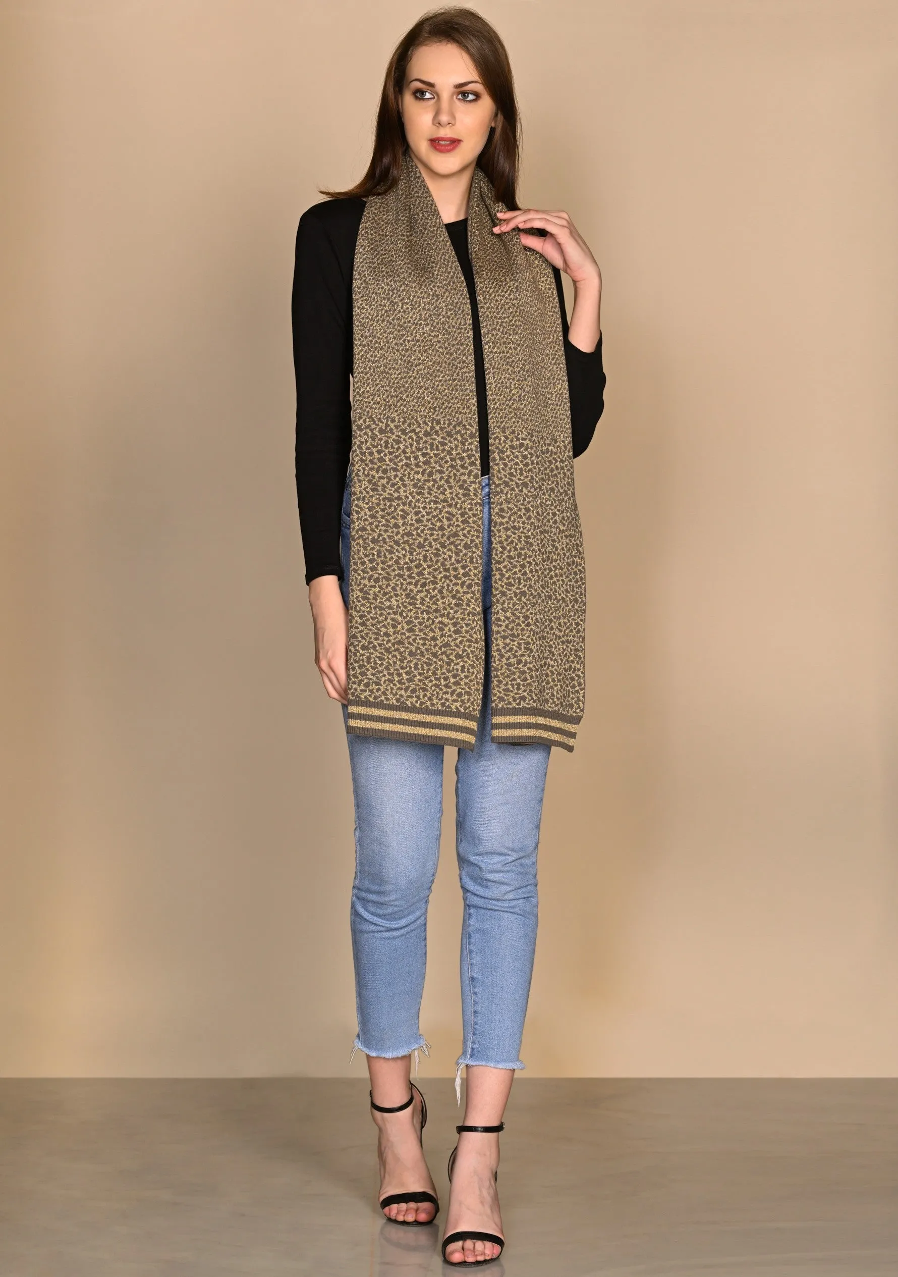 Dk. Olive and Gold Frappe Cotton and Viscose Leopard Jacquard Knitted Scarf with Dk. Olive and Frappe Lurex Stripe