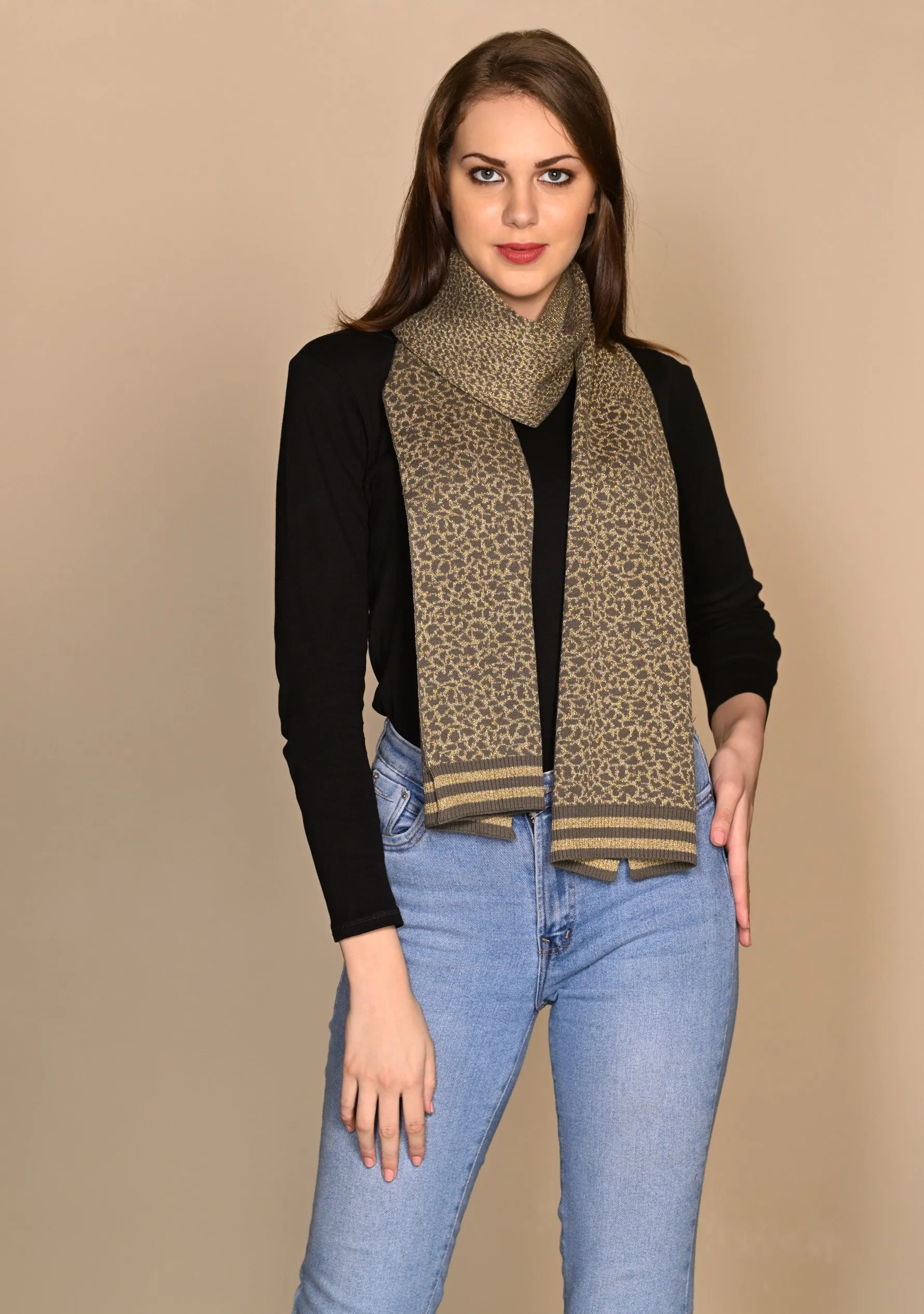 Dk. Olive and Gold Frappe Cotton and Viscose Leopard Jacquard Knitted Scarf with Dk. Olive and Frappe Lurex Stripe