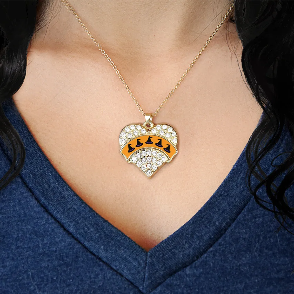 Gold Witch Hats Pave Heart Charm Classic Necklace