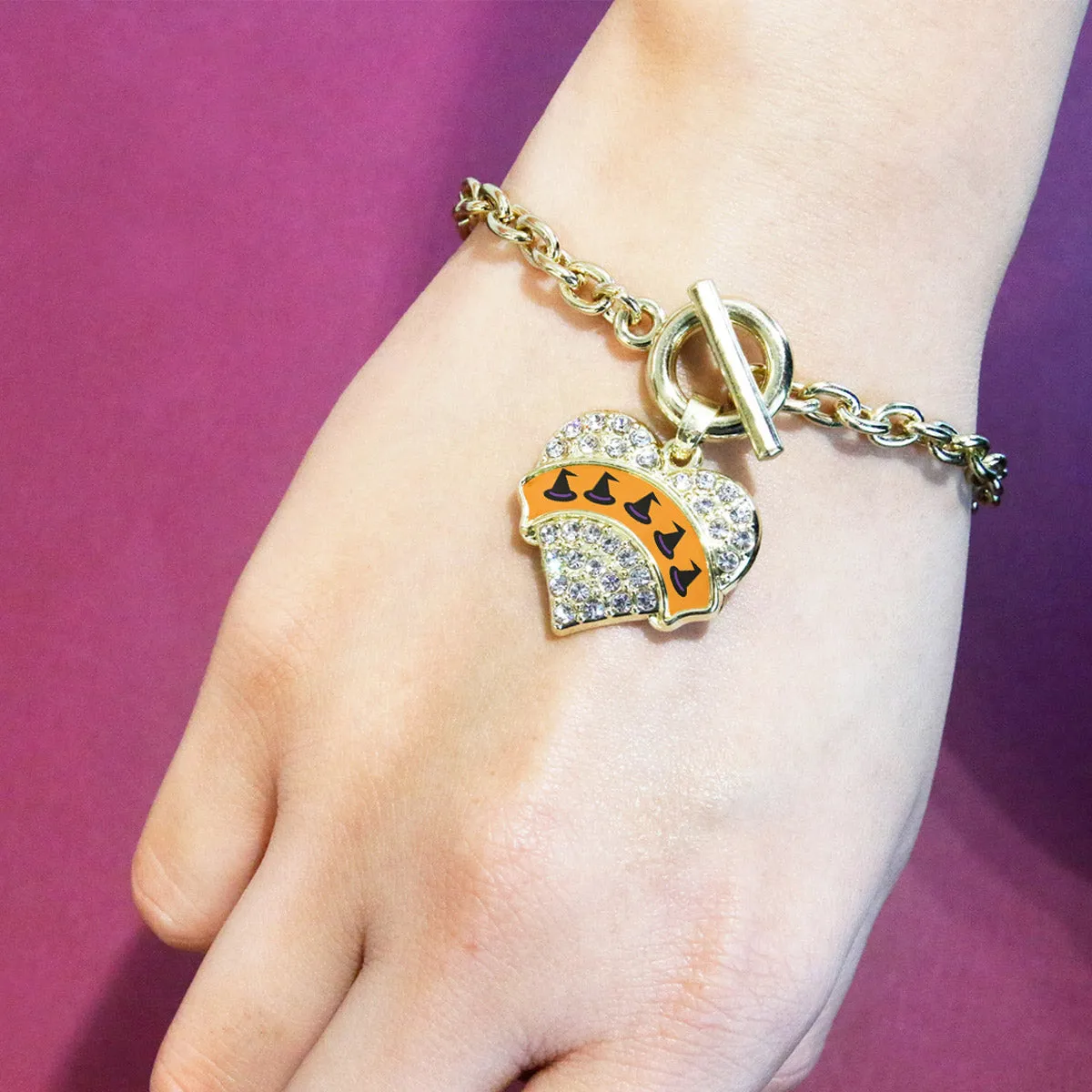 Gold Witch Hats Pave Heart Charm Toggle Bracelet