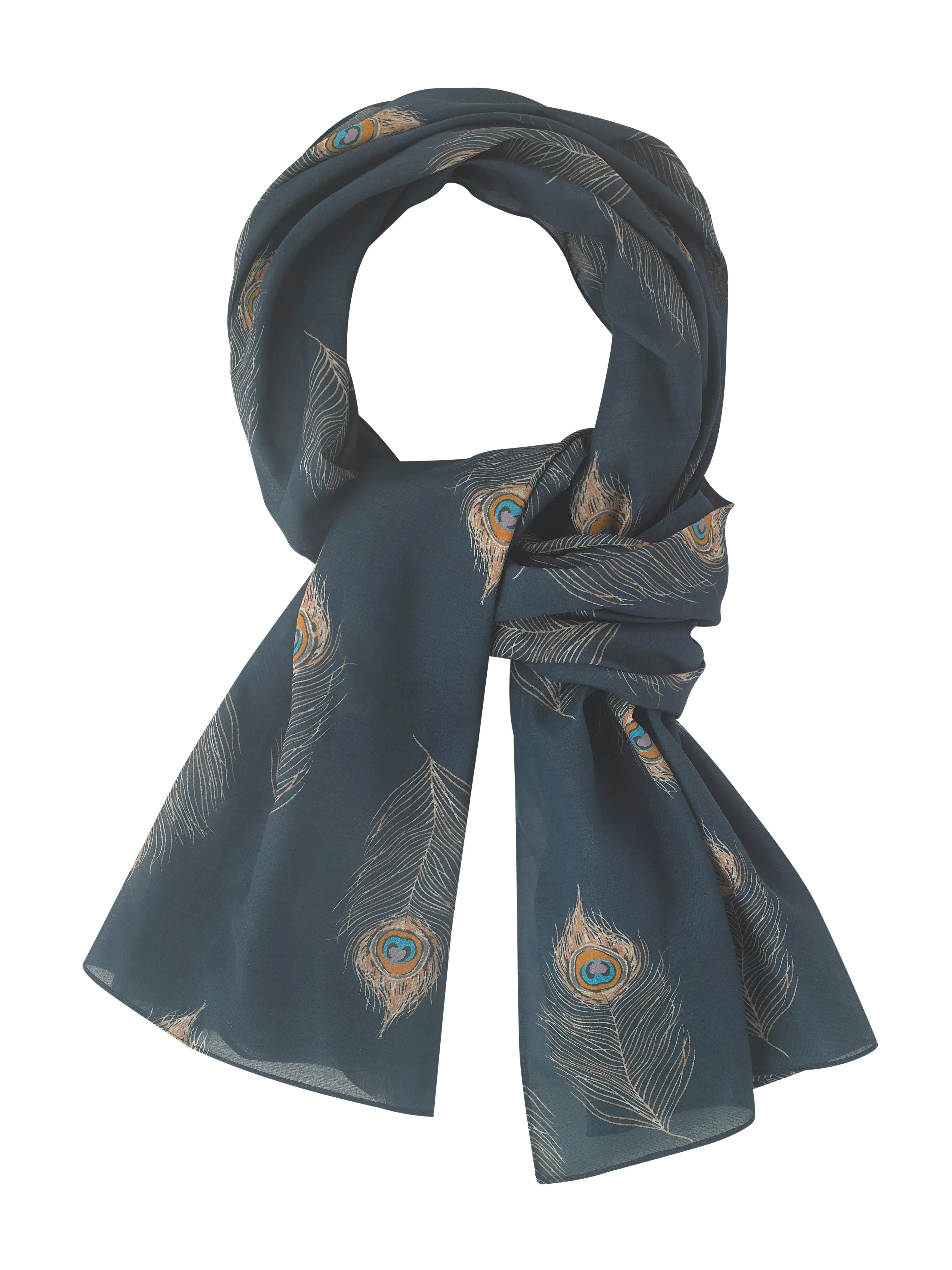 Ladies Linen Blend Scarf Dark Navy Peacock Feather