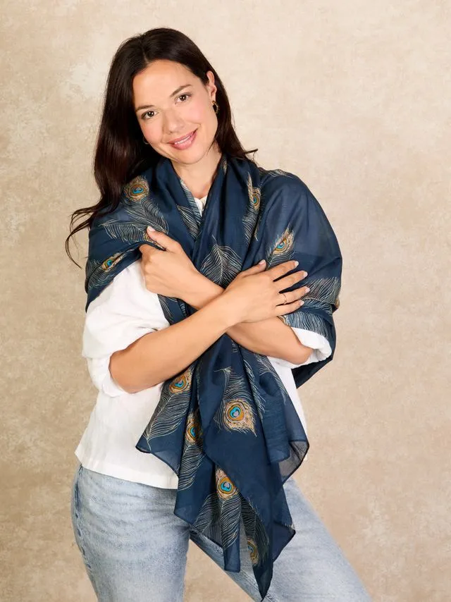 Ladies Linen Blend Scarf Dark Navy Peacock Feather