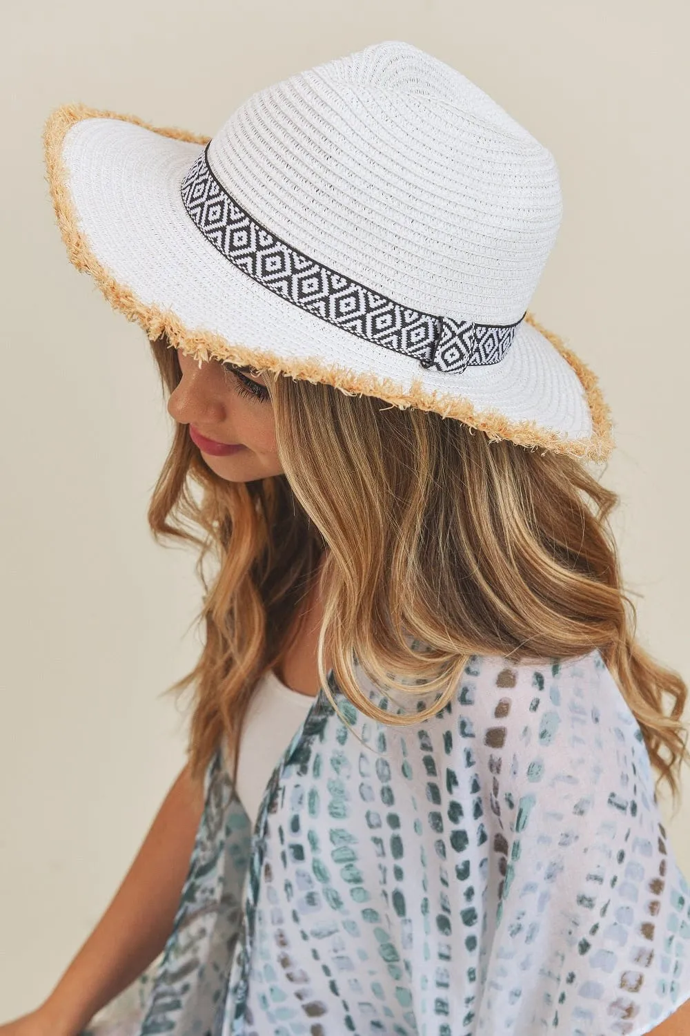 MH0039 Frayed Trim Aztec Banded Straw Hat