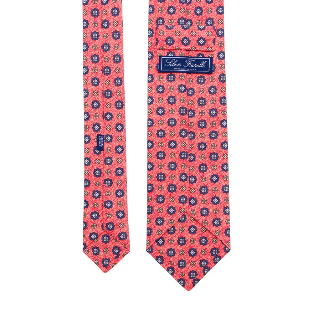 Red and Blue Classic Flowers Silk Linen Tie