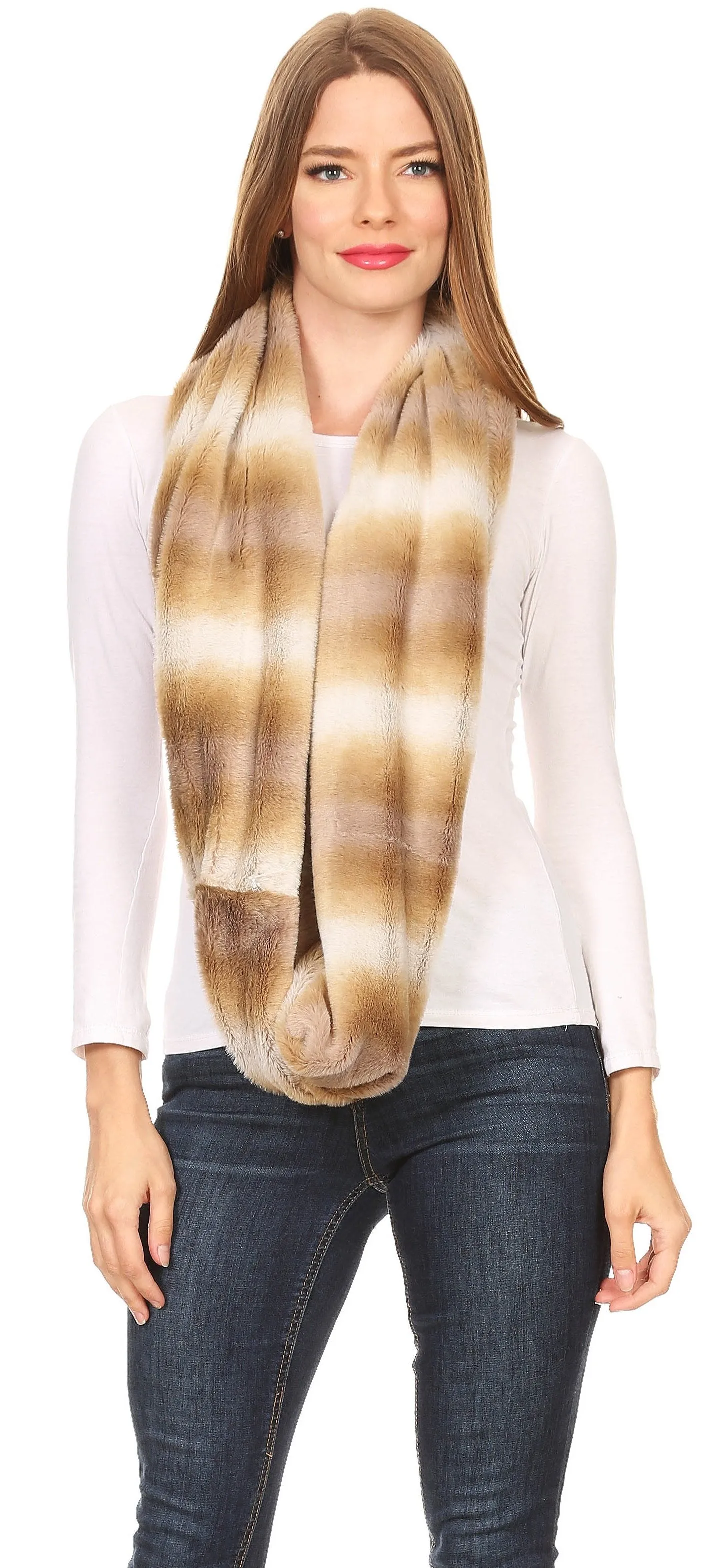 Sakkas Rhie Long Lightweight Faux Fur Ombre Colored Warm Soft Infinity Scarf