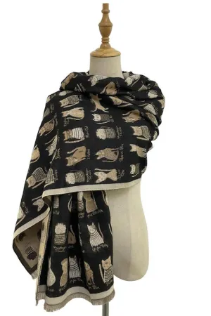 Thick Soft Cat Print Reversible Frayed Scarf Black