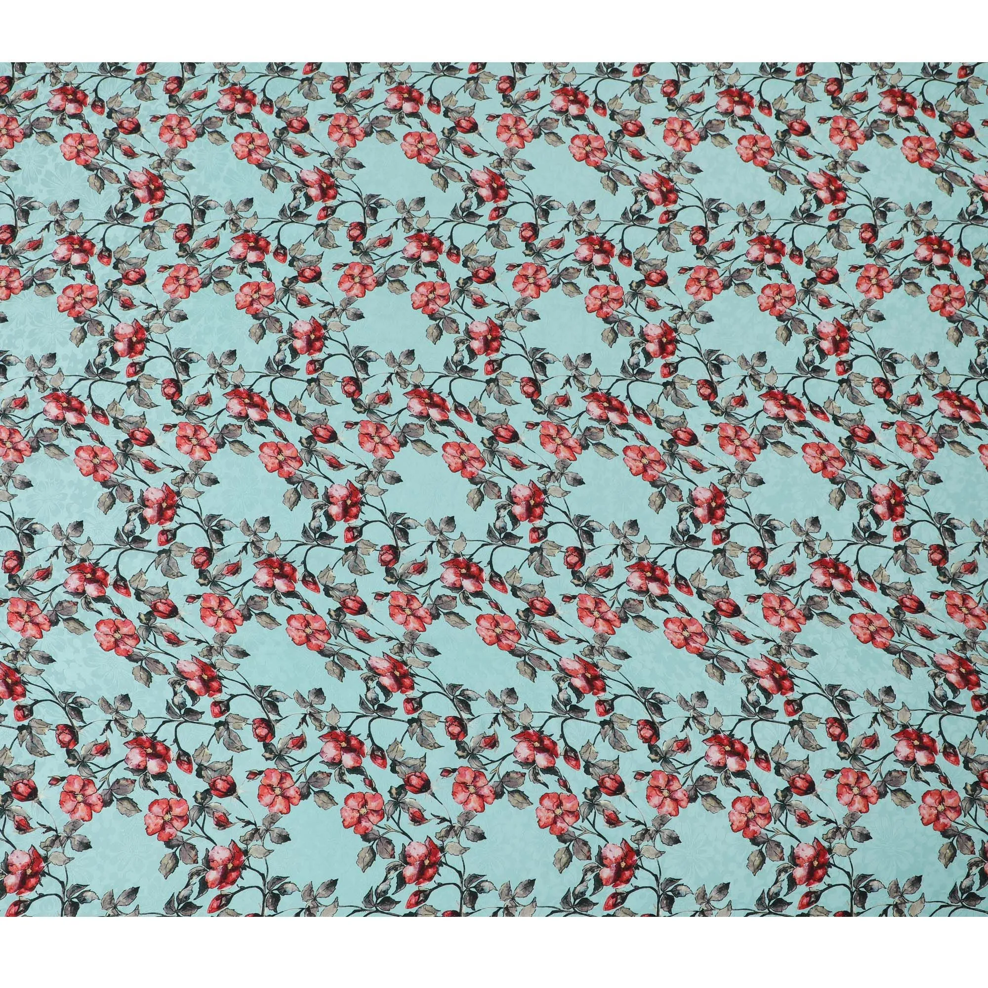 Vibrant Aqua Blue with Red Floral Print Crepe Silk Fabric, 110cm Width - Ideal for Statement Pieces-D18907