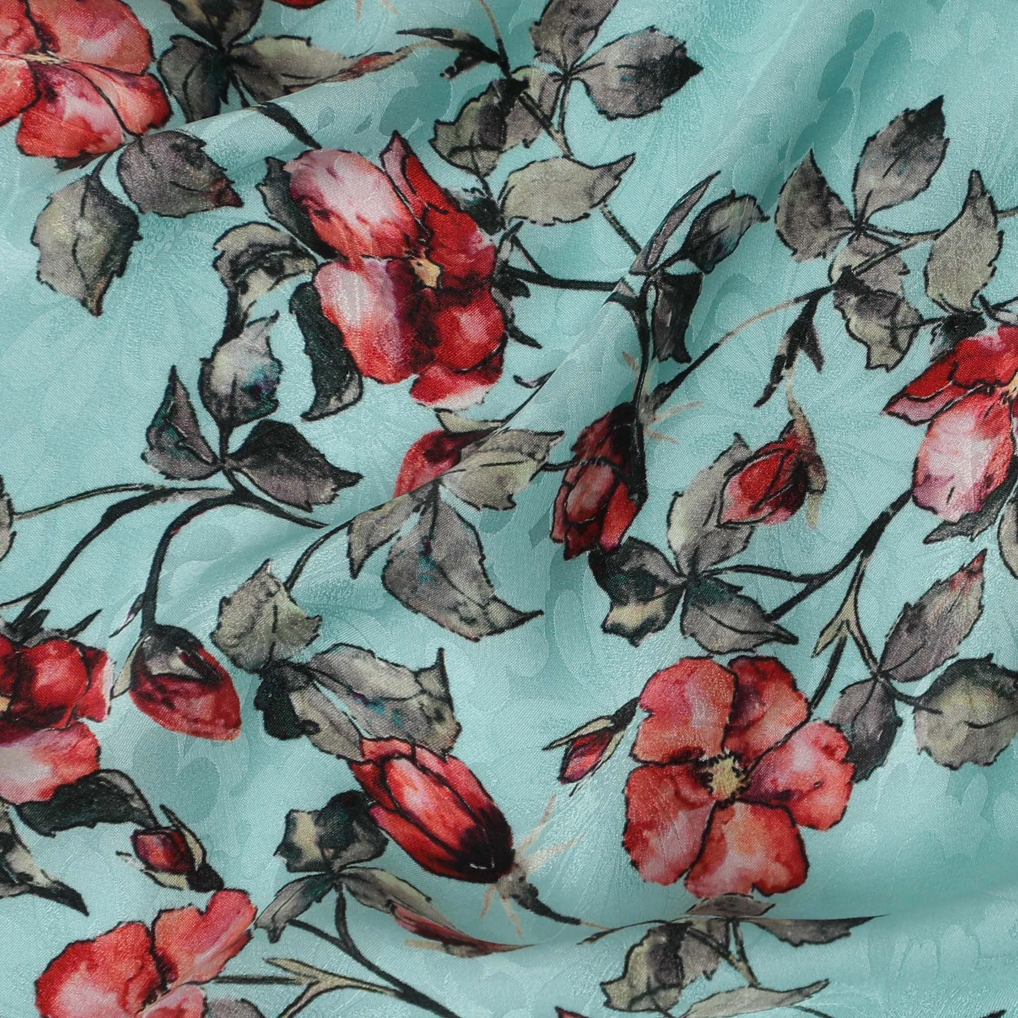 Vibrant Aqua Blue with Red Floral Print Crepe Silk Fabric, 110cm Width - Ideal for Statement Pieces-D18907