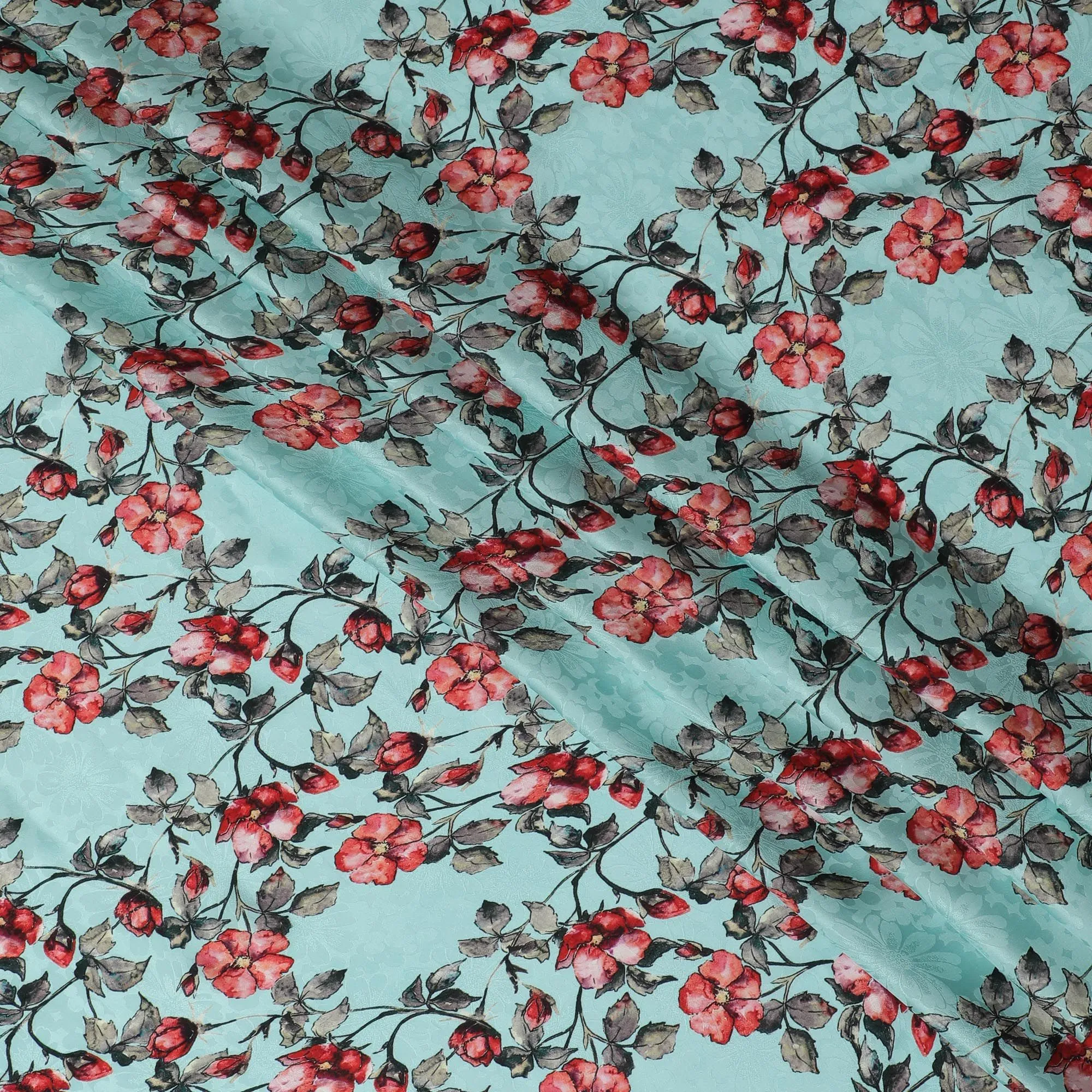 Vibrant Aqua Blue with Red Floral Print Crepe Silk Fabric, 110cm Width - Ideal for Statement Pieces-D18907