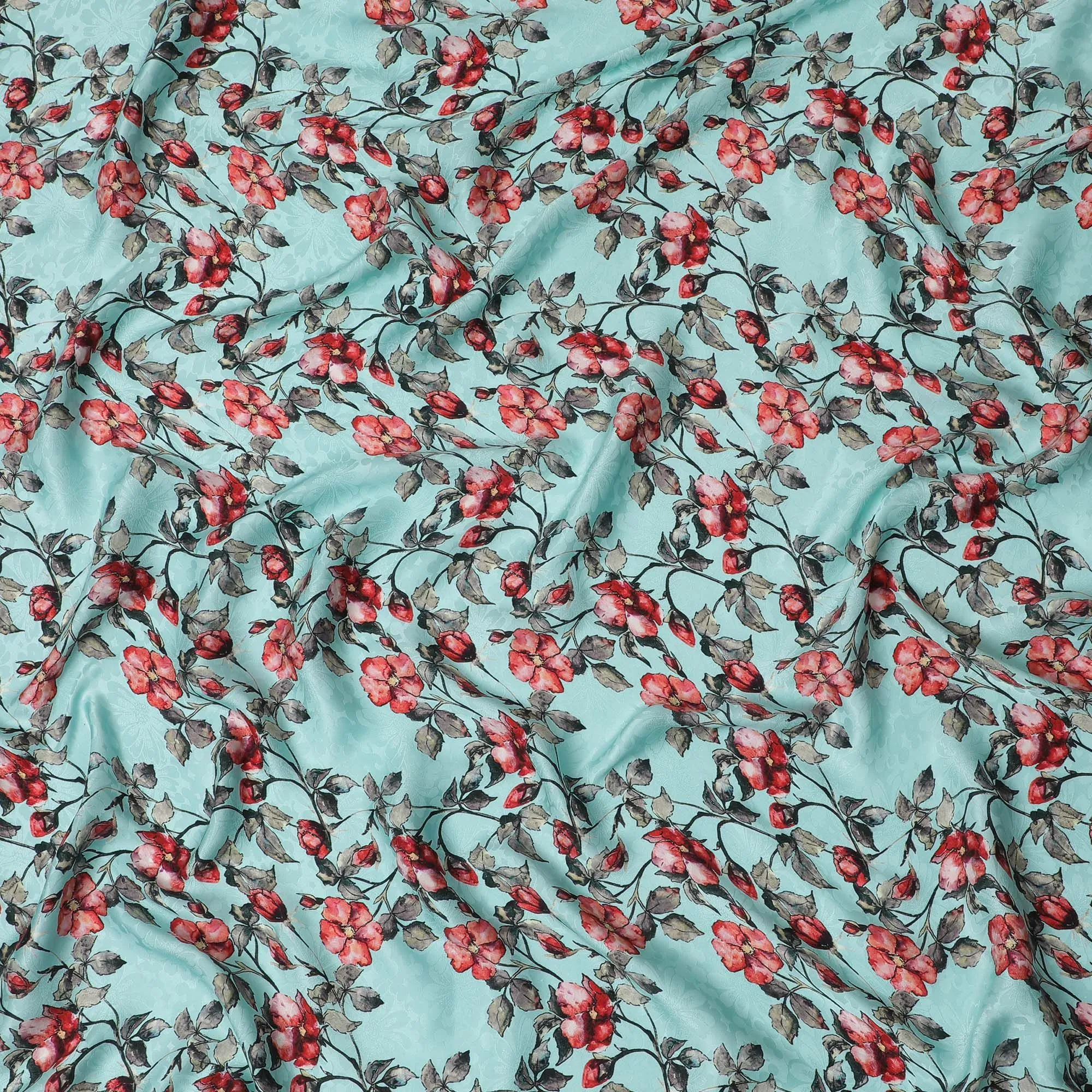 Vibrant Aqua Blue with Red Floral Print Crepe Silk Fabric, 110cm Width - Ideal for Statement Pieces-D18907